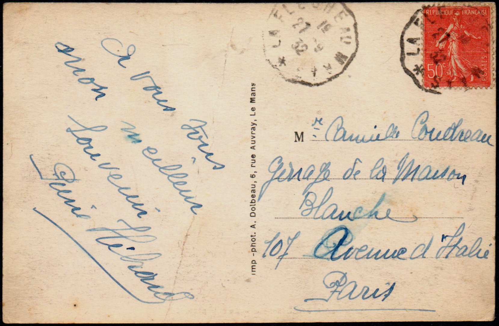 Courrier-Convoyeur-Ligne La Fleche au Mans 1932 - tramway - Fillé September 27 1932